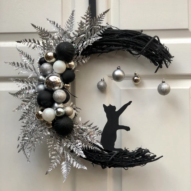 Black Cat Moon Wreath with Light Home Decor Christmas Wreath