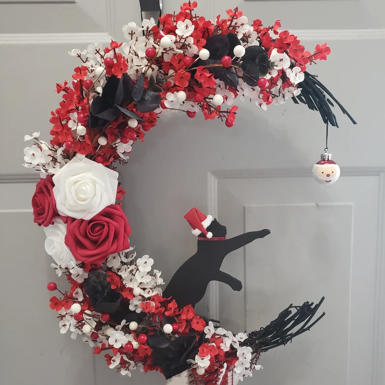 Black Cat Moon Wreath with Light Home Decor Christmas Wreath