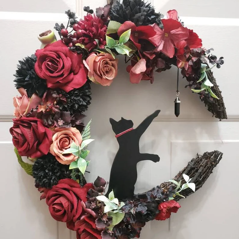 Black Cat Moon Wreath with Light Home Decor Christmas Wreath