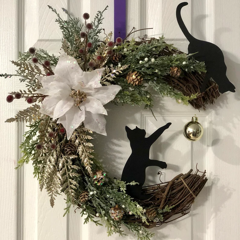 Black Cat Moon Wreath with Light Home Decor Christmas Wreath