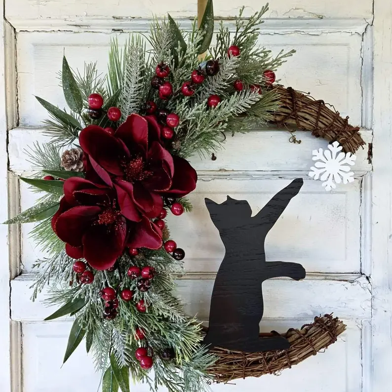 Black Cat Moon Wreath with Light Home Decor Christmas Wreath